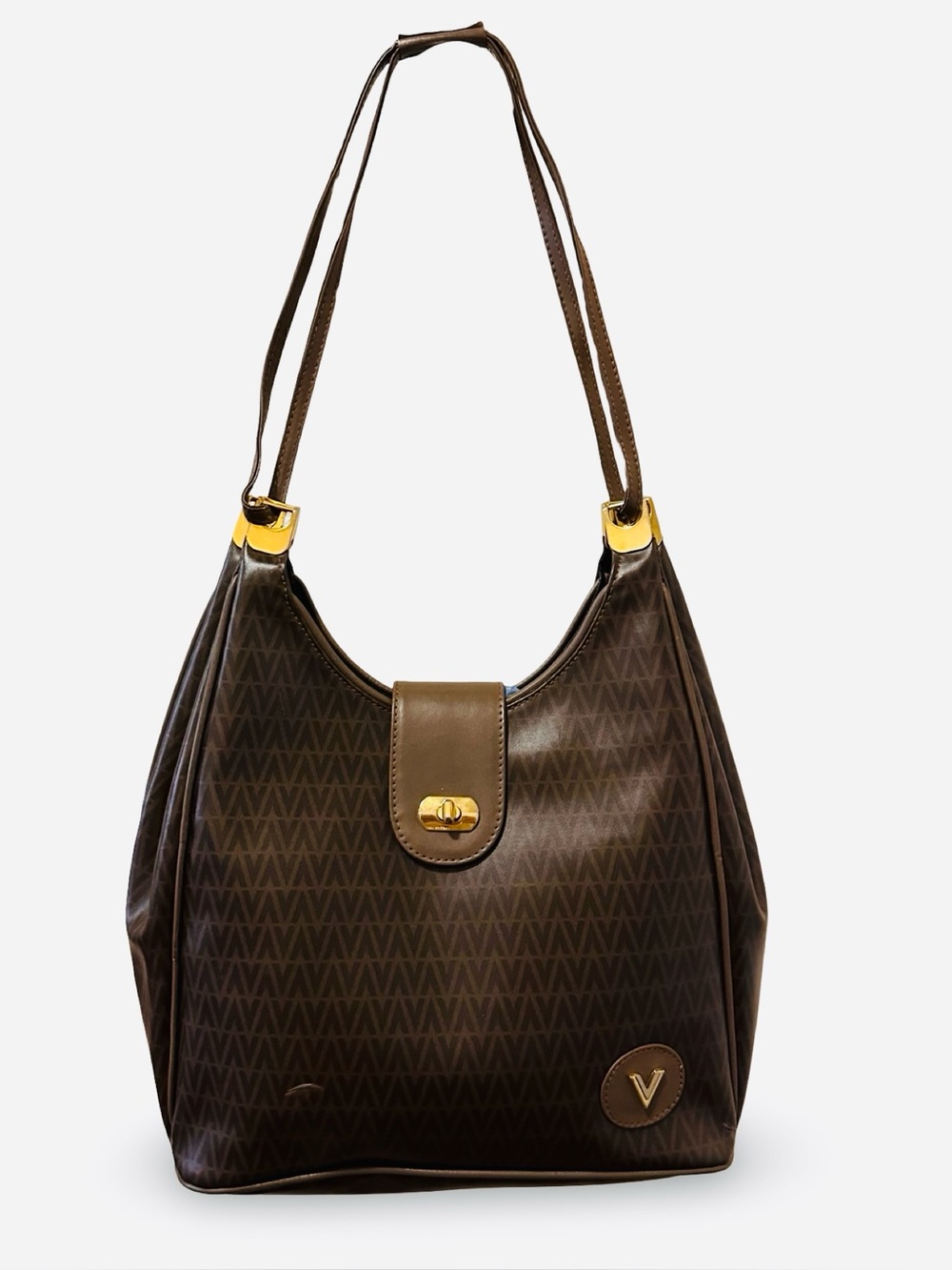 Mario Valentino Monogram Shoulder Bag – Brown PVC Leather & Gold Hardware